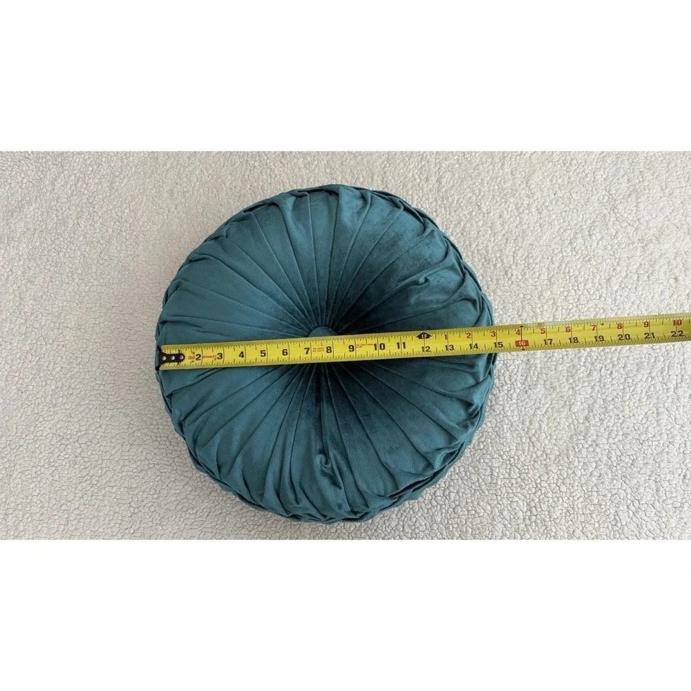 Round Velvet Throw Pillow Pumpkin Teal Blue Green Tufted Pleated Cushion Decor